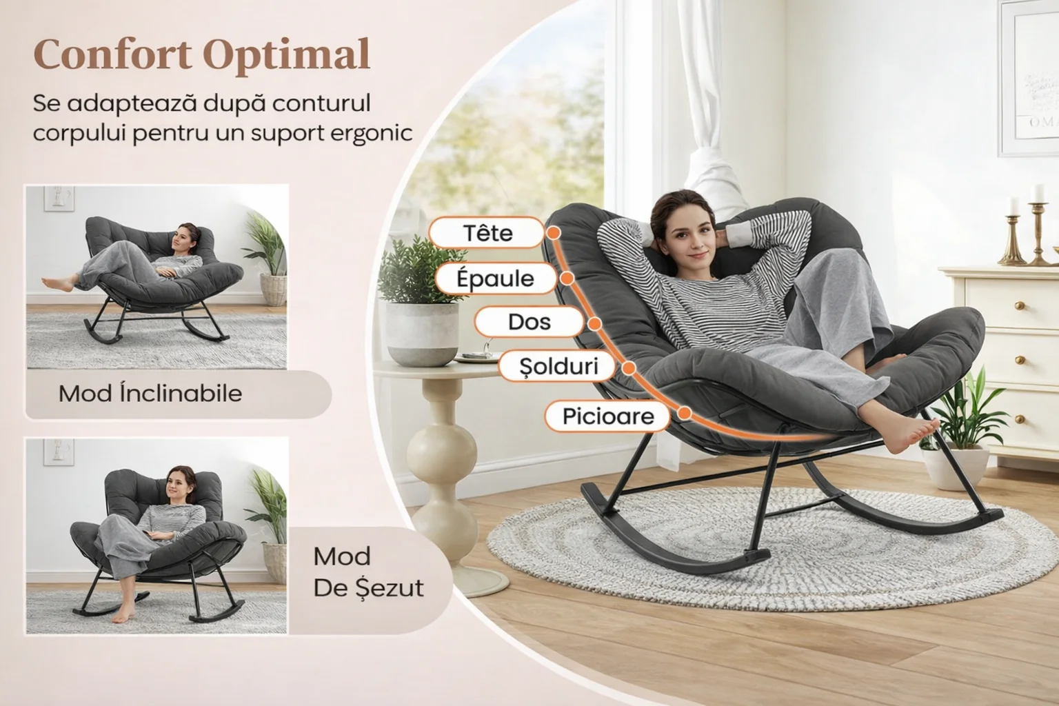 Scaun balansoar cu pernă tip nor – imagine detaliu 3